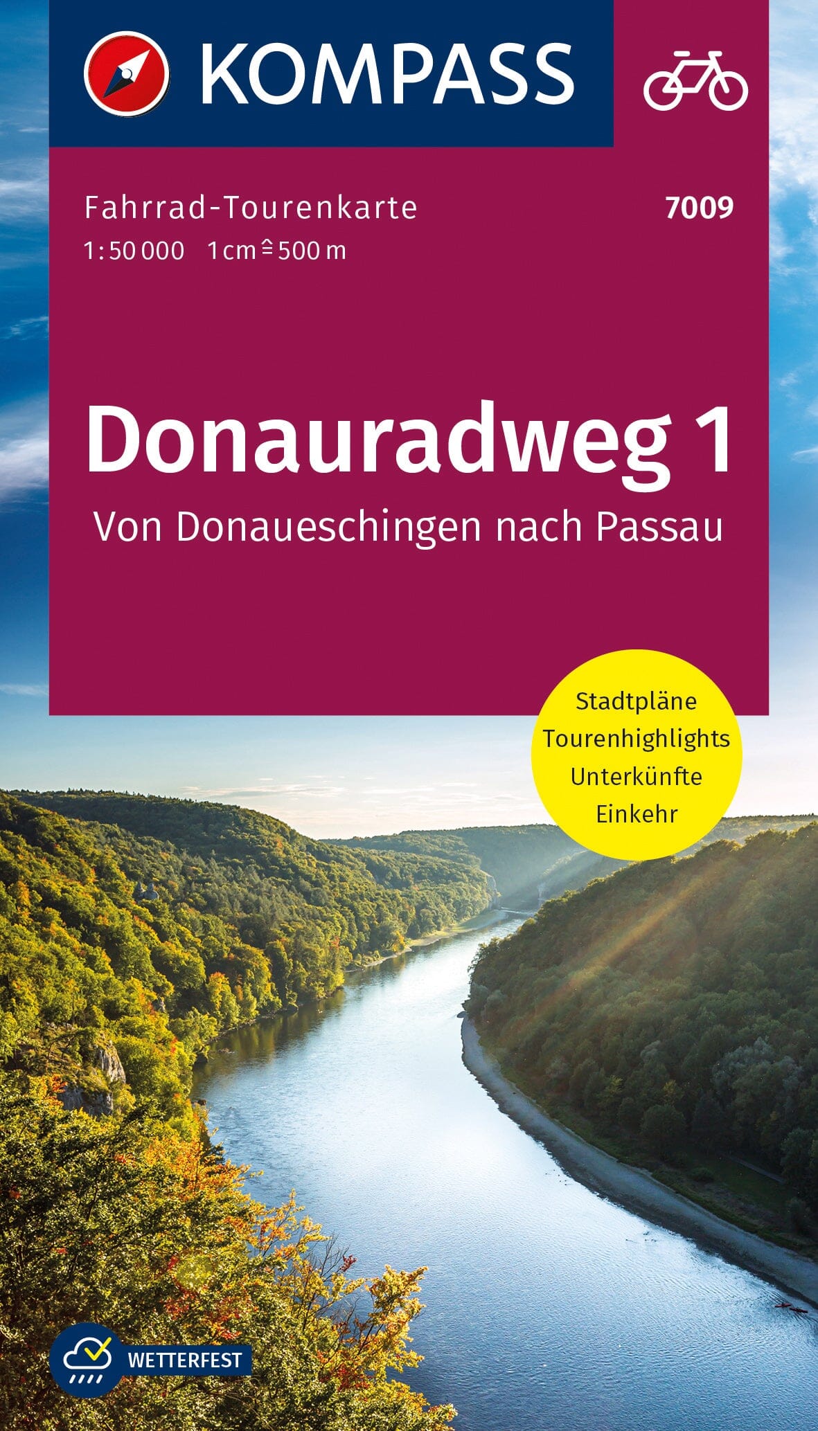 Carte cycliste n° F7009 - Donauradweg 1 / Piste cyclable du Danube, de Donaueschingen à Passau (Allemagne) | Kompass carte cycliste Kompass