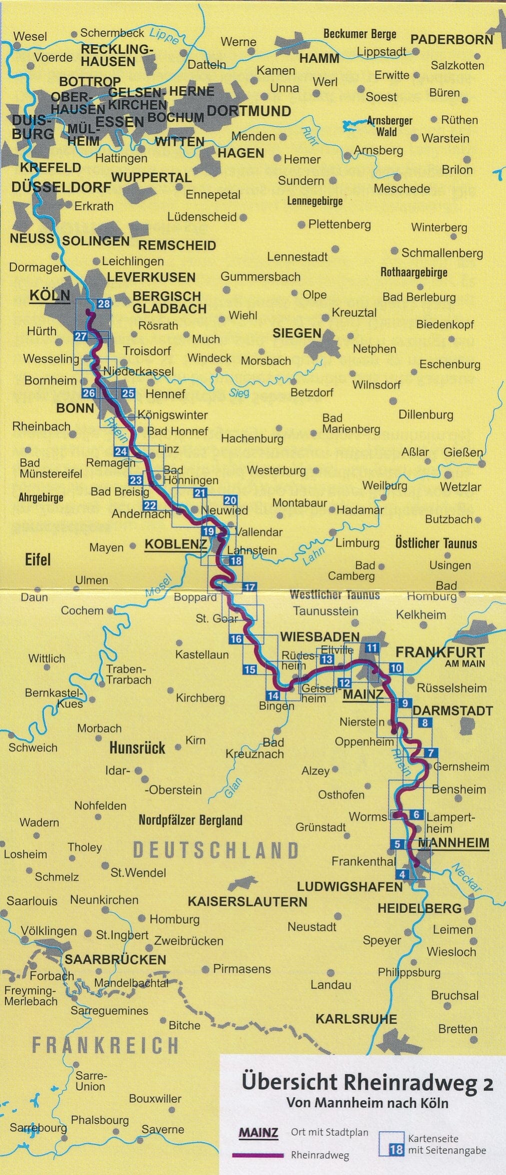 Carte cycliste n° F7012 - Piste cyclable du Rhin 2, de Mannheim à Cologne (Allemagne) | Kompass carte cycliste Kompass