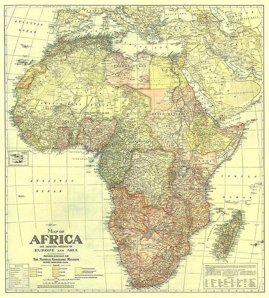 Carte d'Afrique de 1922 avec des portions d'Europe et d'Asie carte murale roulée (en tube) National Geographic Historic POD Default Title