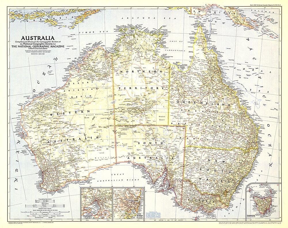 Carte d'Australie de 1948 carte murale roulée (en tube) National Geographic Historic POD Default Title