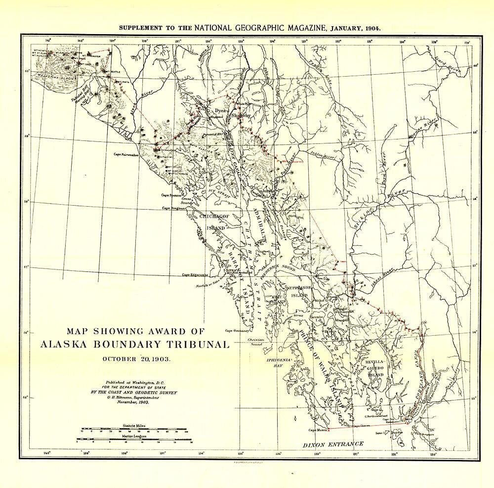 Carte de 1904 montrant la sentence du Tribunal des frontières de l'Alaska de 1896 carte murale roulée (en tube) National Geographic Historic POD Default Title