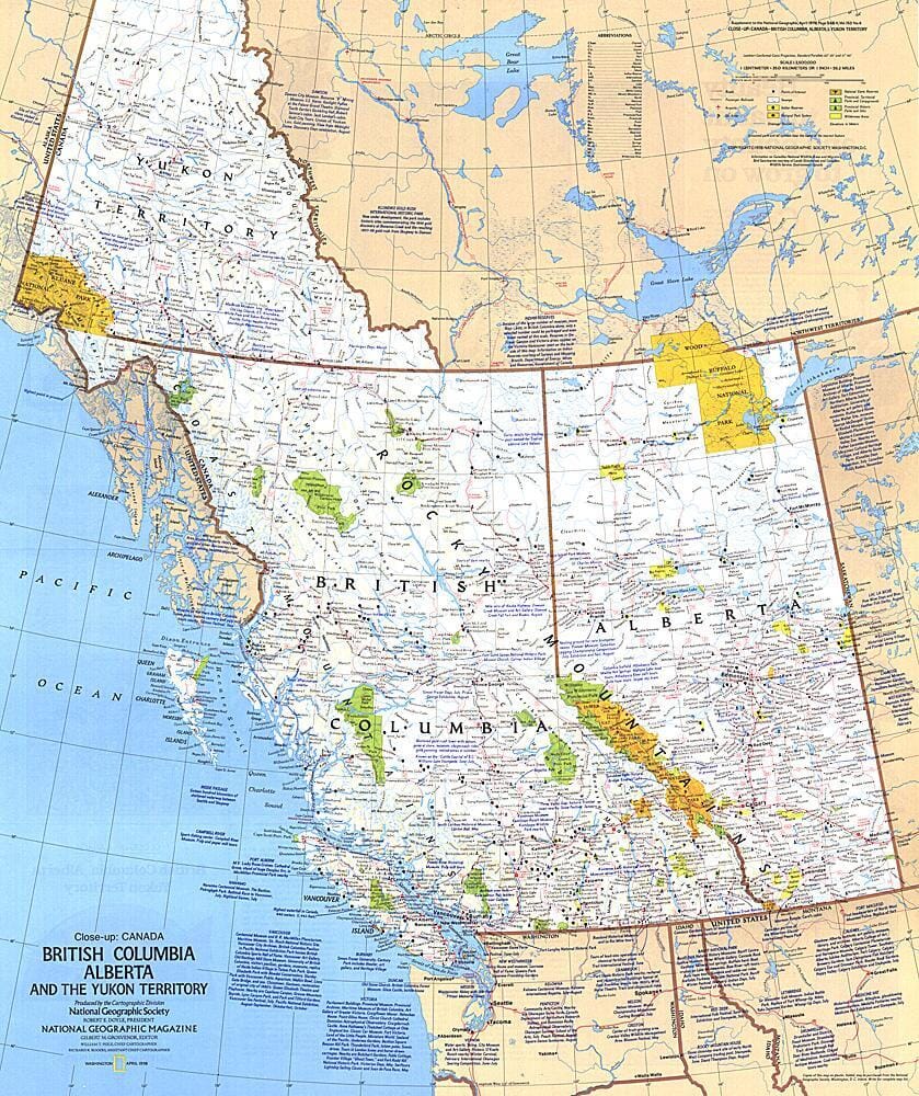 1978 British Columbia, Alberta and the Yukon Territory Map Wall Map 
