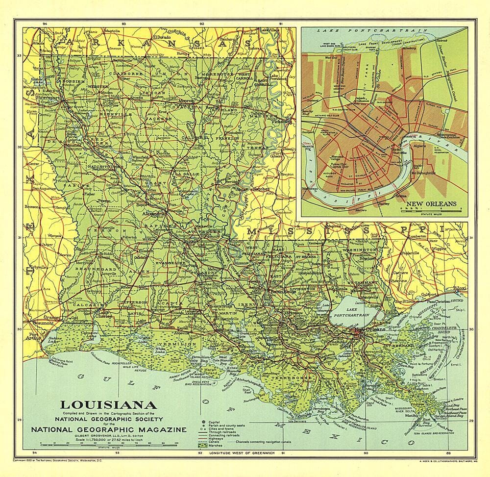 Carte de la Louisiane de 1930 carte murale roulée (en tube) National Geographic Historic POD Default Title