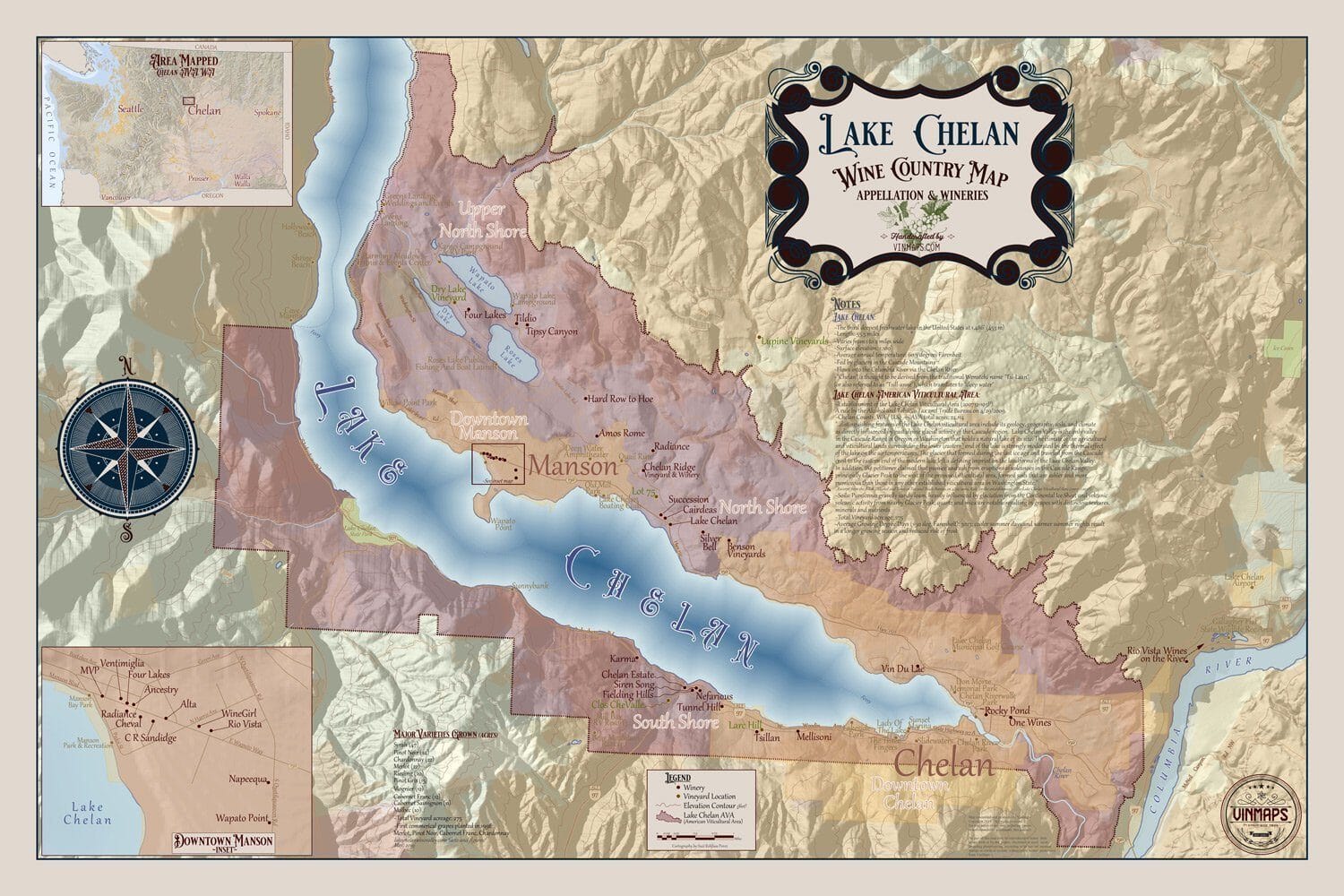 Carte de la région viticole de Lake Chelan - Appellations et vignobles | Vinmaps carte murale roulée (en tube) Vinmaps
