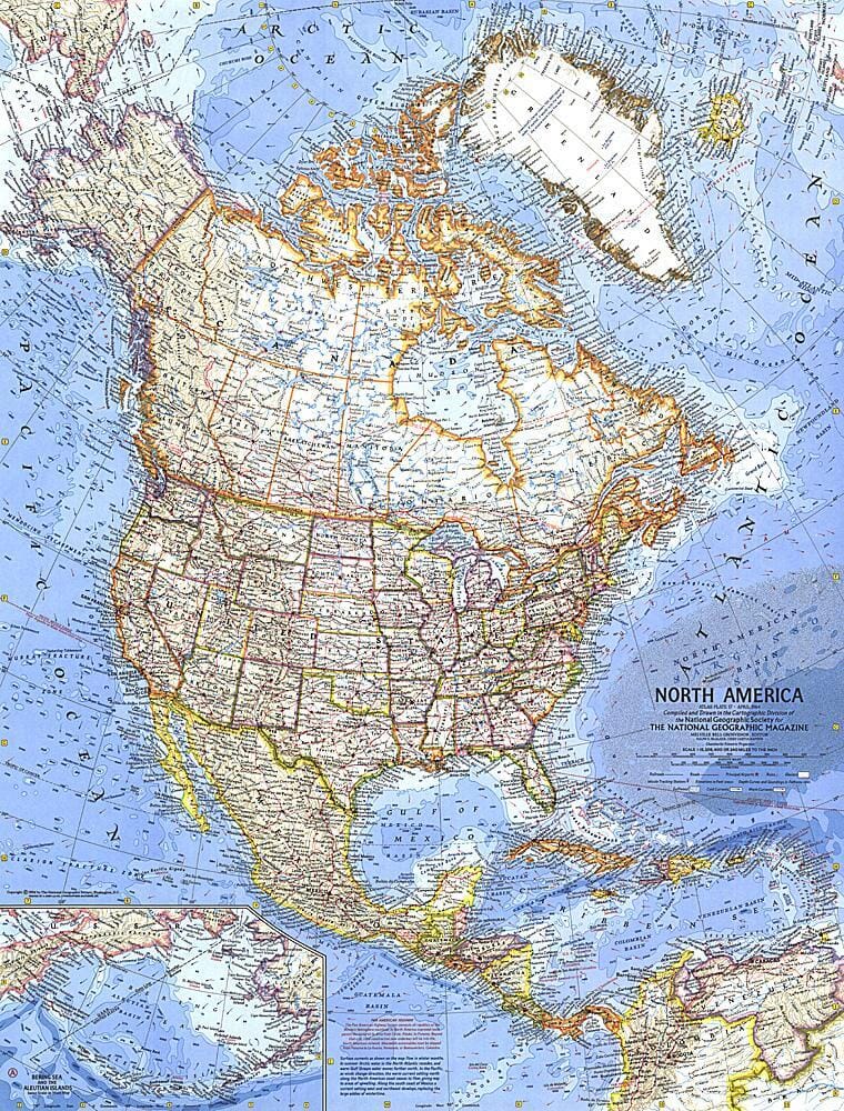1964 North America Map Wall Map 