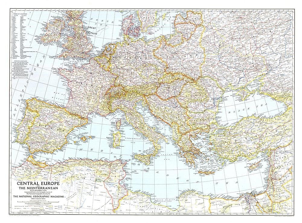 Carte de l'Europe centrale et de la Méditerranée de 1939 carte murale roulée (en tube) National Geographic Historic POD Default Title