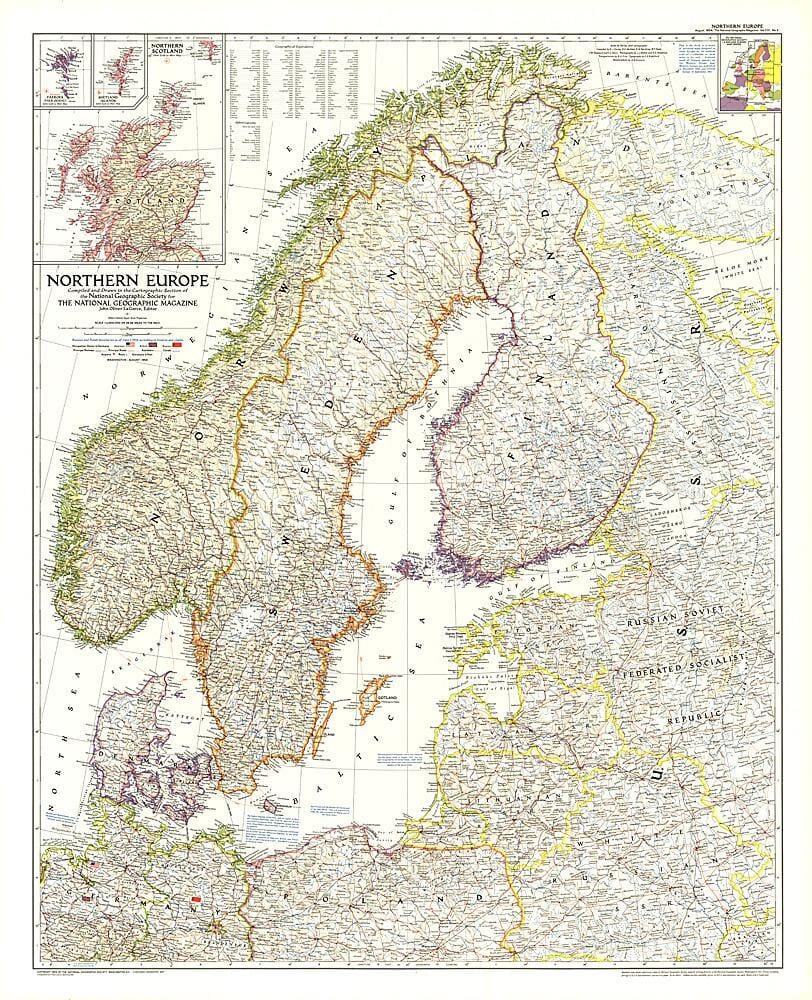 1954 Northern Europe Map Wall Map 