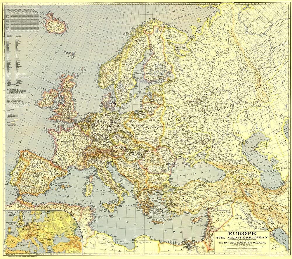 Carte de l'Europe et de la Méditerranée de 1938 carte murale roulée (en tube) National Geographic Historic POD Default Title