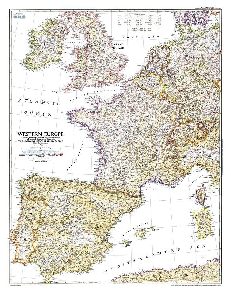Carte de l'Europe occidentale de 1950 carte murale roulée (en tube) National Geographic Historic POD Default Title