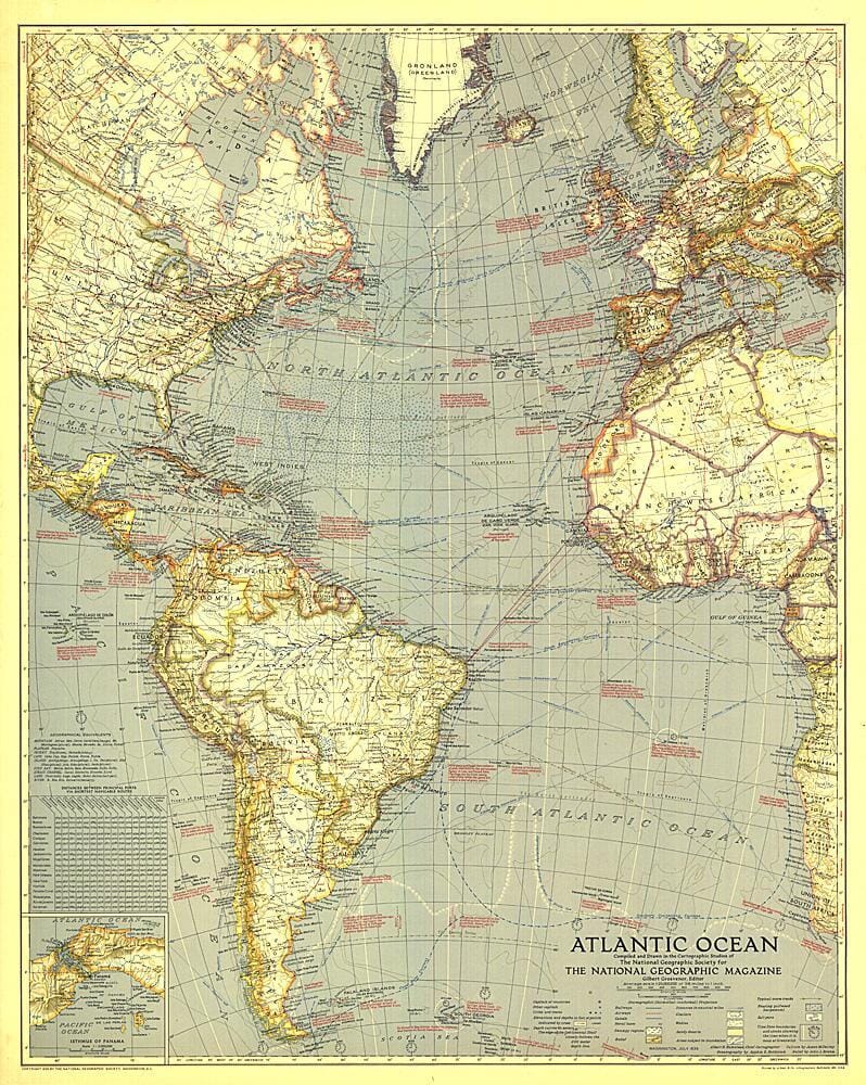 Carte de l'océan Atlantique de 1939 carte murale roulée (en tube) National Geographic Historic POD Default Title