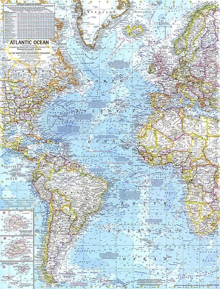 Carte de l'océan Atlantique de 1968 carte murale roulée (en tube) National Geographic Historic POD Default Title