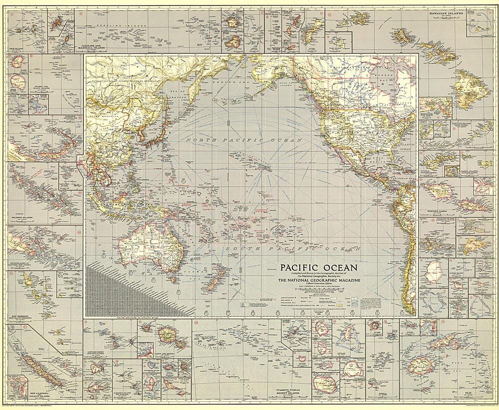 Carte de l'océan Pacifique de 1936 carte murale roulée (en tube) National Geographic Historic POD Default Title