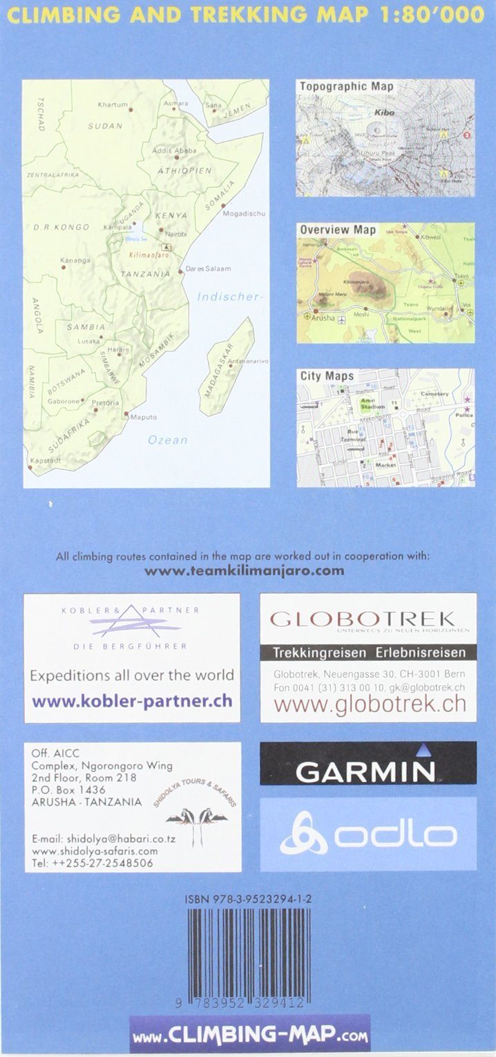 Carte de randonnée et d'escalade- Kilimanjaro + Moshi & Arusha city | Climbing Map carte de randonnée Climbing Map