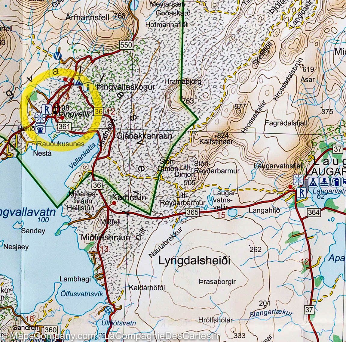 Carte détaillée - Golden Circle (sud de l'Islande) | Ferdakort carte routière Ferdakort