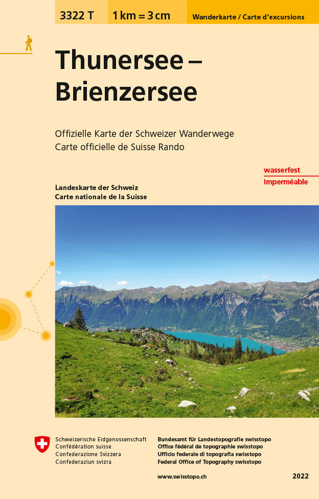 Carte de randonnée imperméable n° 3322T - Thunersee, Brienzersee (Suisse) | Swisstopo - 1/33 333 carte pliée Swisstopo 