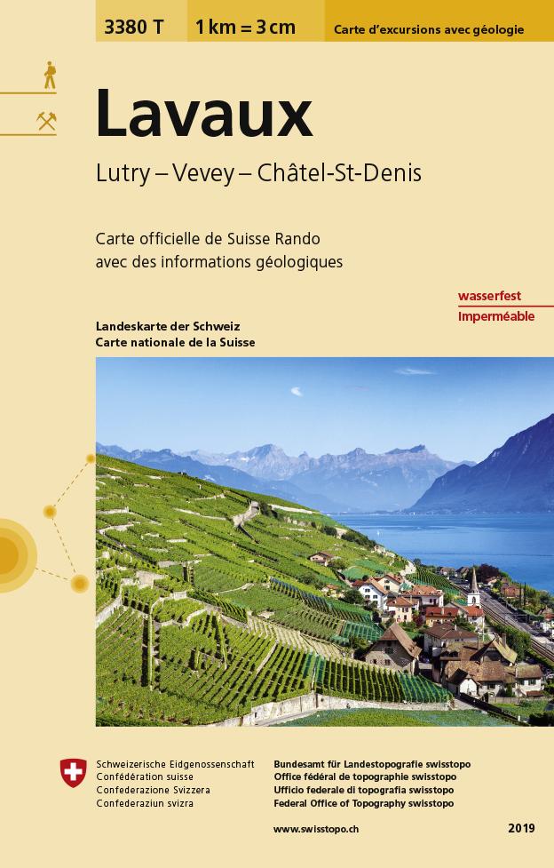 Carte de randonnée imperméable n° 3380T - Lavaux, Lutry, Vevey, Châtel-St-Denis (Suisse) | Swisstopo - 1/33 333 carte pliée Swisstopo 