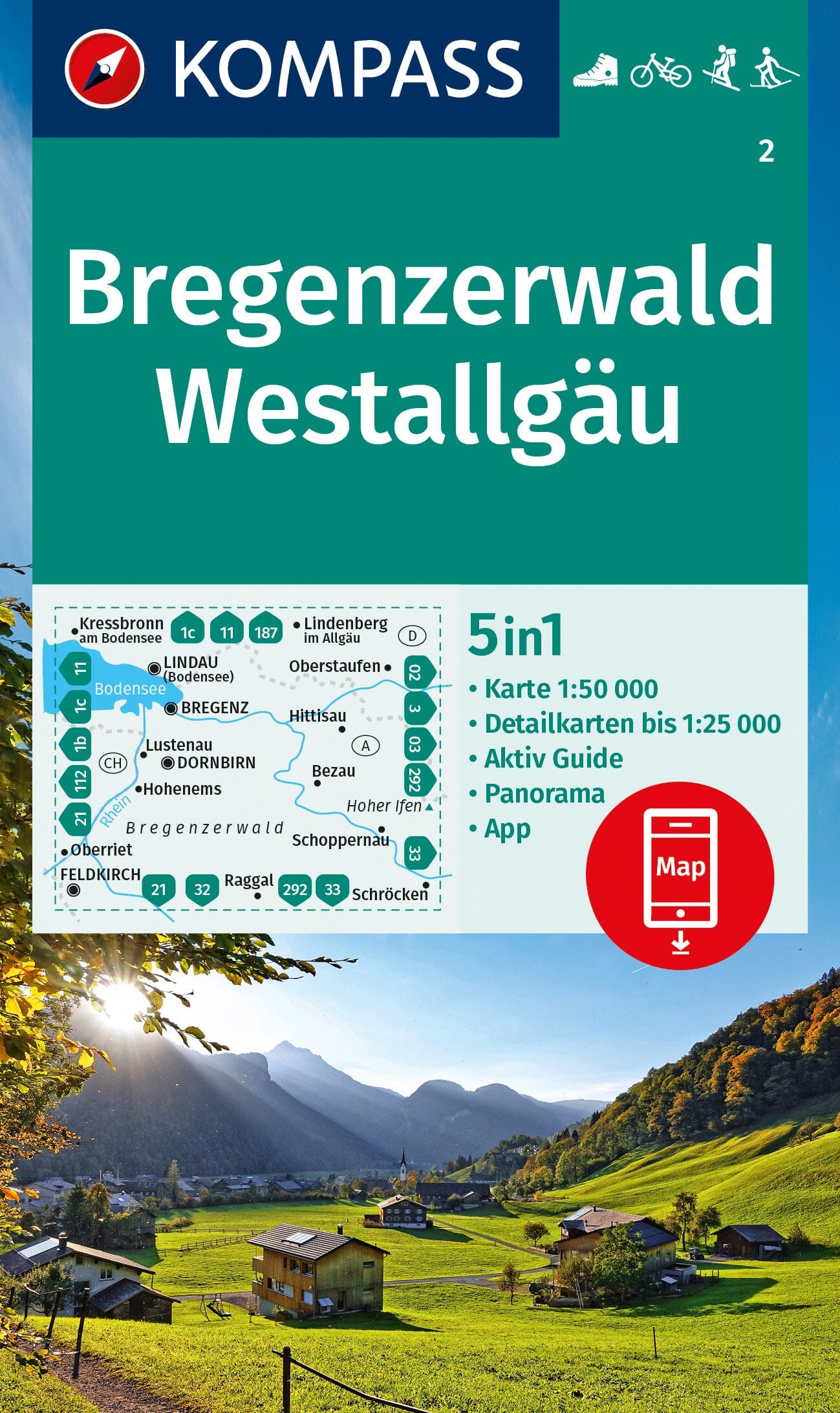Carte de randonnée n° 002 - Bregenzerwald, Westallgaü (Allemagne) | Kompass carte de randonnée Kompass
