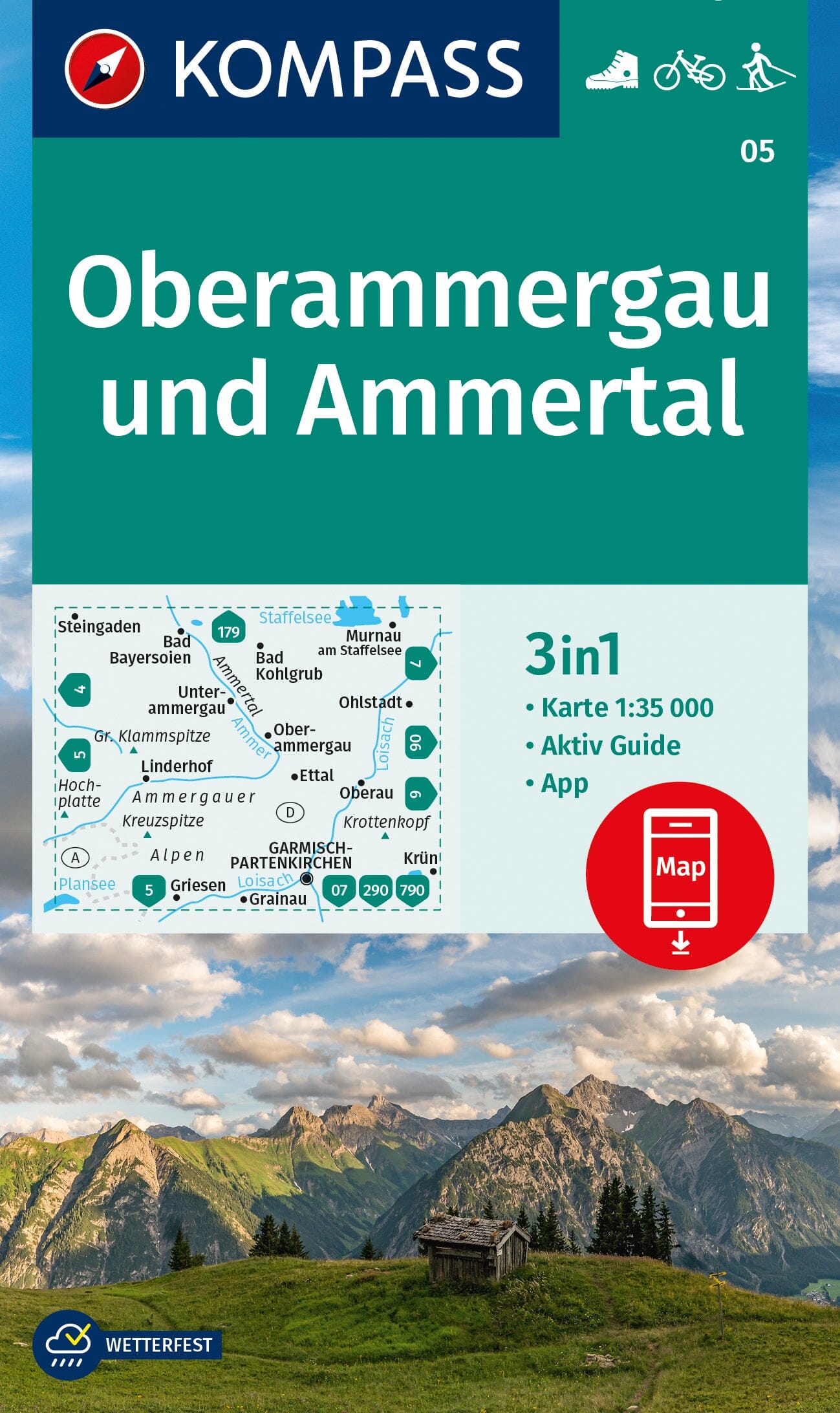 Carte de randonnée n° 005 - Oberammergau, Ammertal +Aktiv Guide (Tyrol, Autriche) | Kompass carte de randonnée Kompass