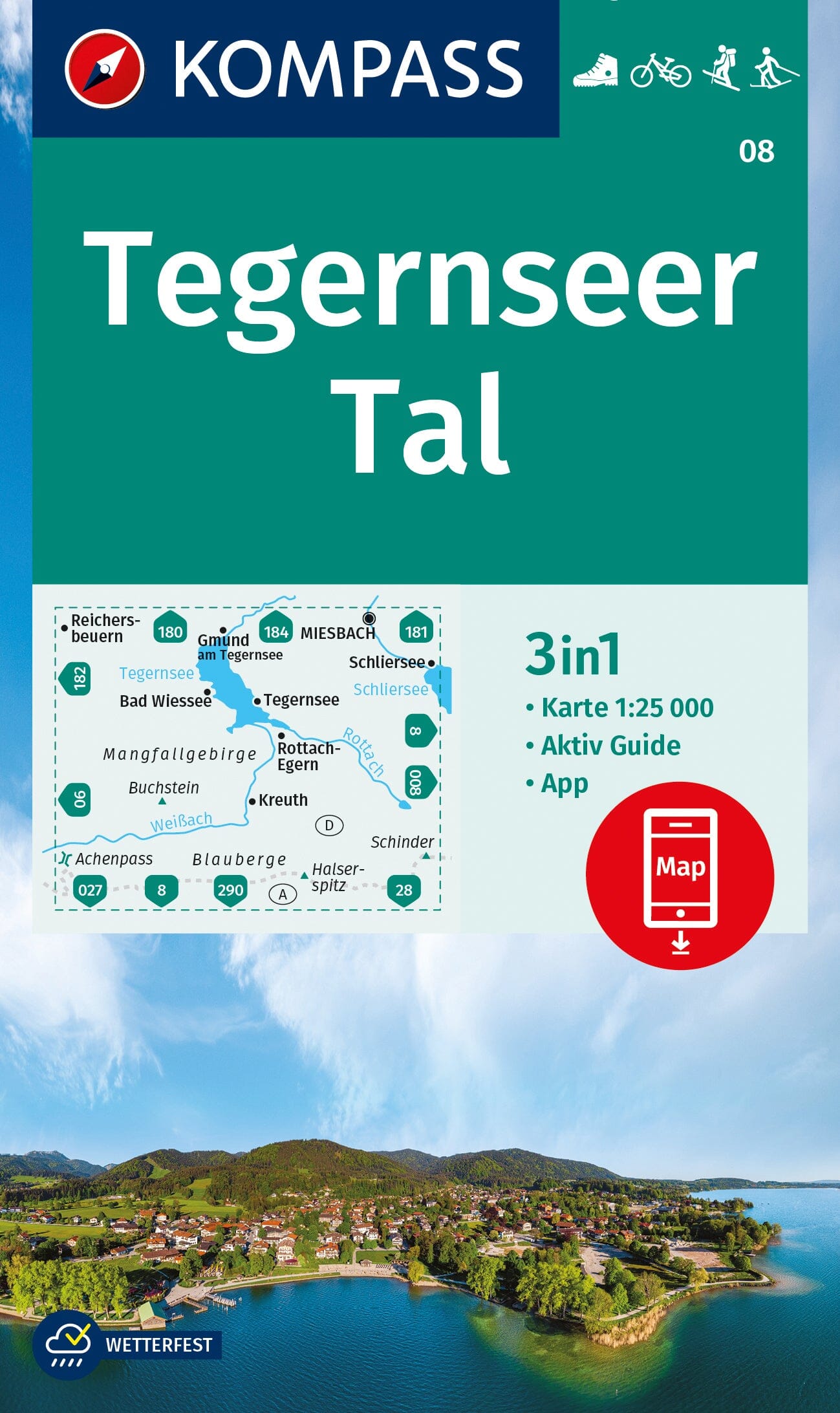 Carte de randonnée n° 008 - Tegernseer Tal + Activ Guide (Allemagne) | Kompass carte de randonnée Kompass