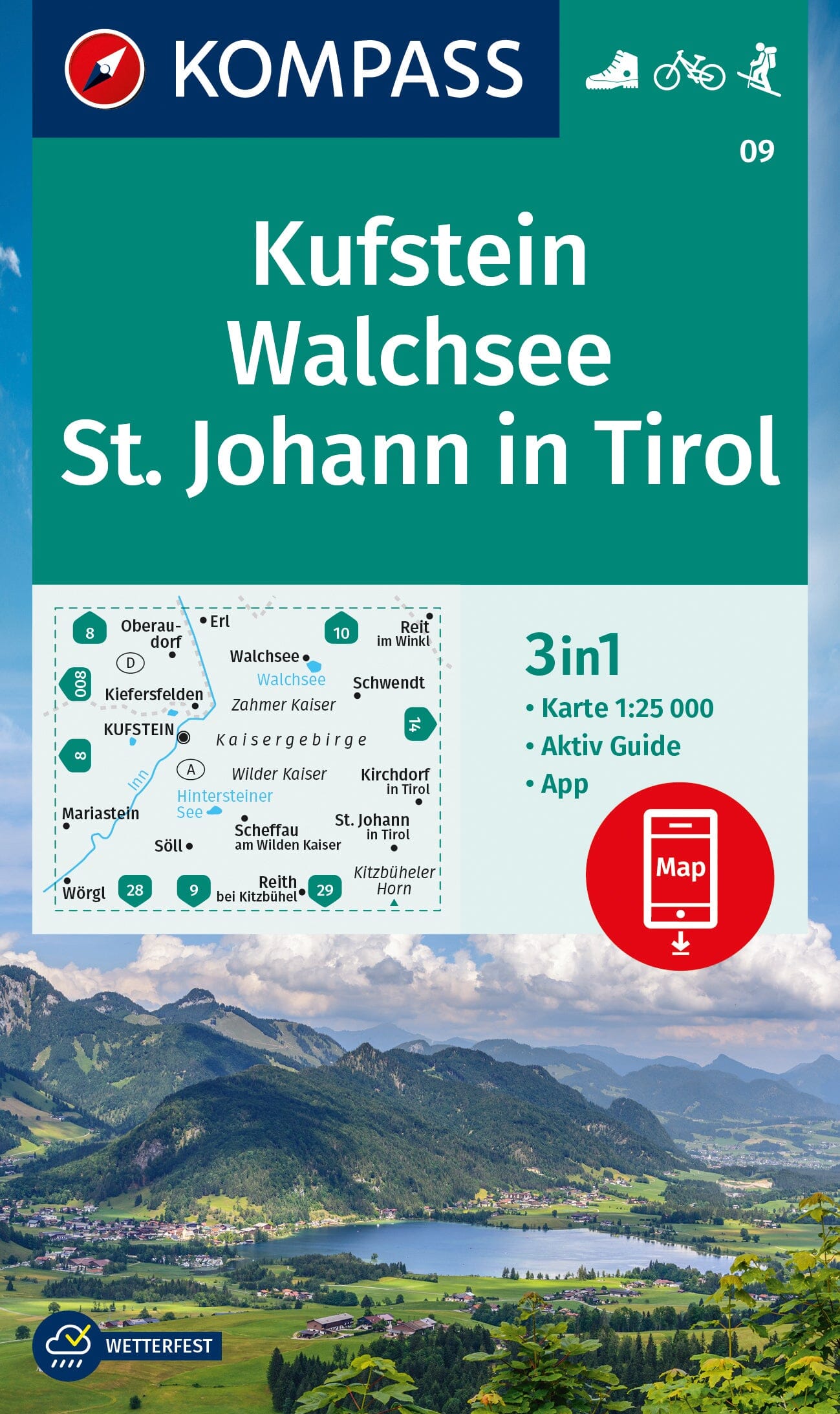 Carte de randonnée n° 009 - Kufstein, Walchsee St. Johann in Tirol + Aktiv Guide (Tyrol, Autriche) | Kompass carte de randonnée Kompass