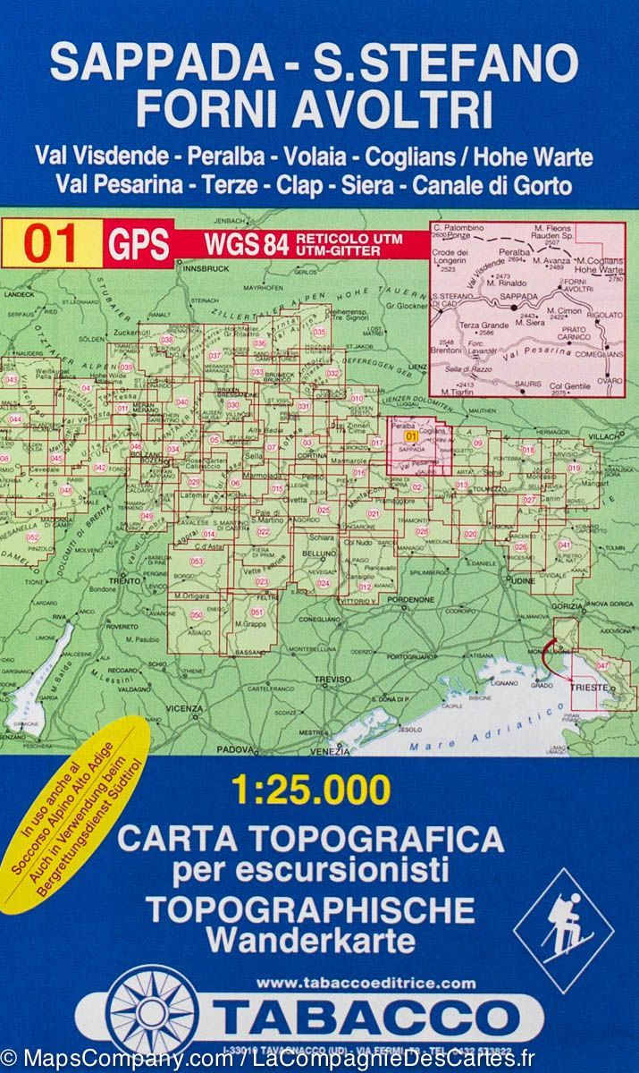 Carte de randonnée n° 01 - Sappada, San Stefano et Forni Avoltri (Alpes carniques, Italie) | Tabacco carte de randonnée Tabacco