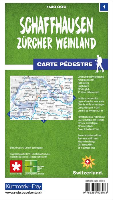 Carte de randonnée n° 01 - Schaffhausen, Zürcher Weinland (Suisse) | Kümmerly & Frey-1/40 000 carte de randonnée Kümmerly & Frey