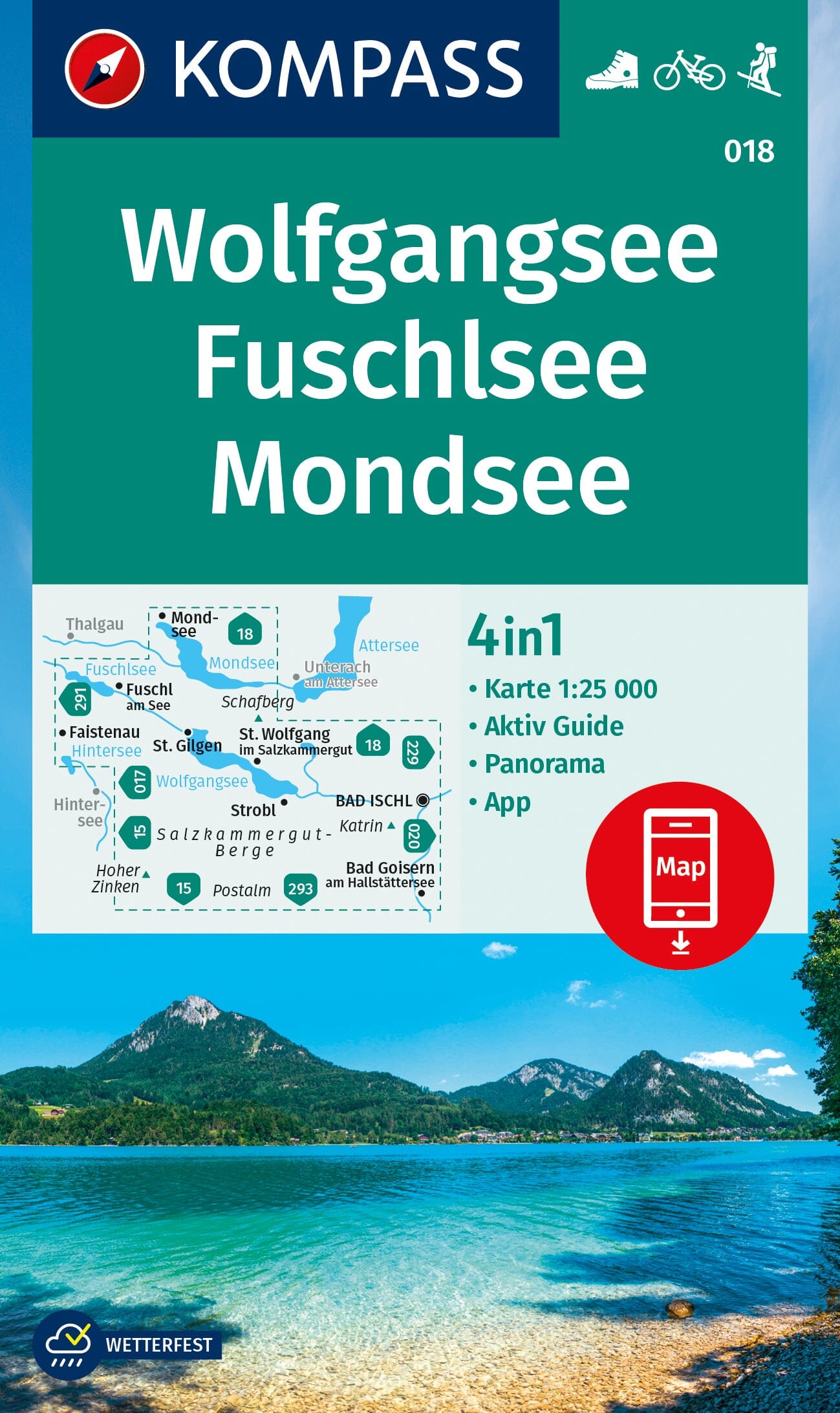 Carte de randonnée n° 018 - Wolfgangsee, Fuschlsee, Mondsee + Aktiv Guide (Autriche) | Kompass carte de randonnée Kompass