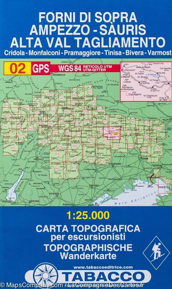 Carte de randonnée n° 02 - Forni di Sopra, Ampezzo, Sauris, Alta Val Tagliamento (Alpes carniques, Italie) | Tabacco carte pliée Tabacco 