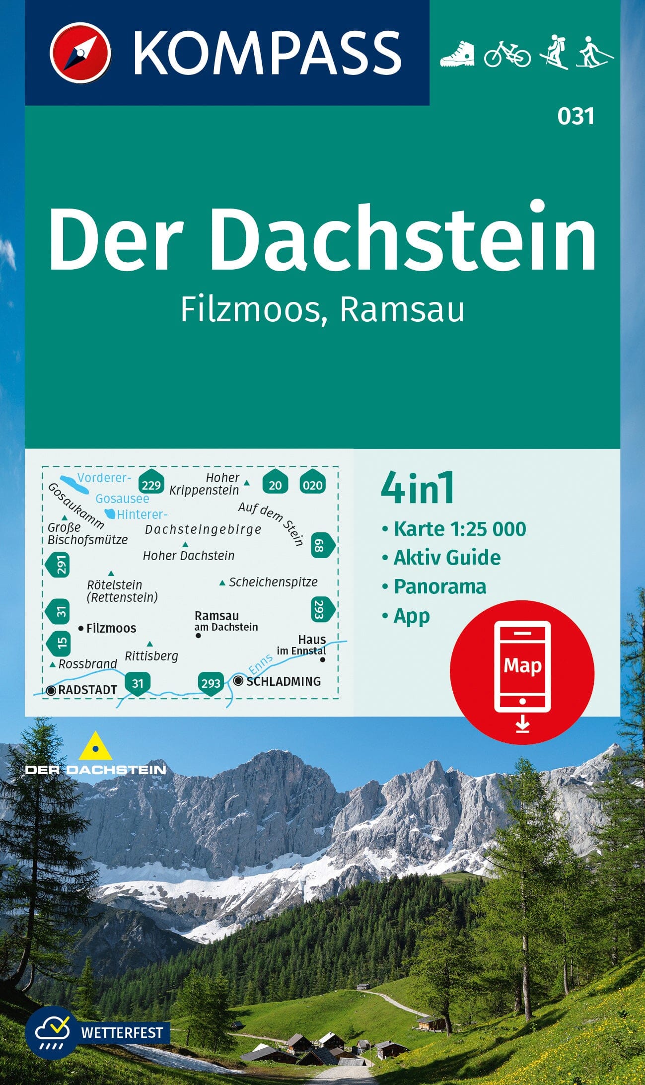 Carte de randonnée n° 031 - Der Dachstein, Ramsau, Filzmoos + Aktiv Guide (Autriche) | Kompass carte de randonnée Kompass