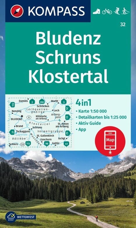 Carte de randonnée n° 032 - Bludenz, Schruns-Klostertal + Aktiv Guide (Autriche) | Kompass carte de randonnée Kompass