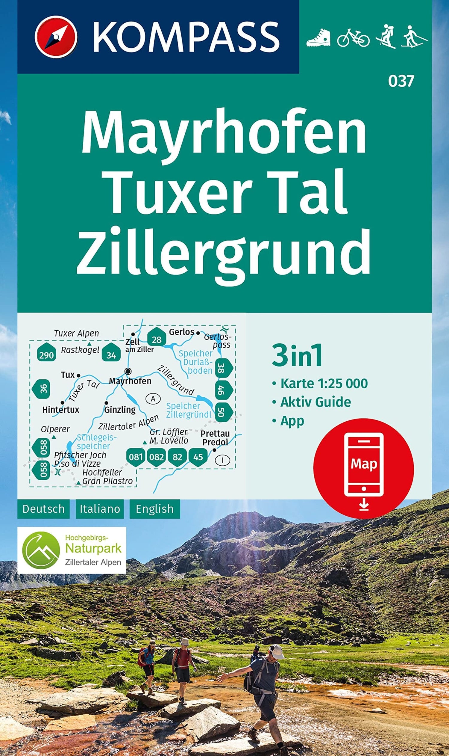 Carte de randonnée n° 037 - Mayerhofen, Tuxer, Tal-Zillergrund (Tyrol, Autriche) | Kompass carte de randonnée Kompass