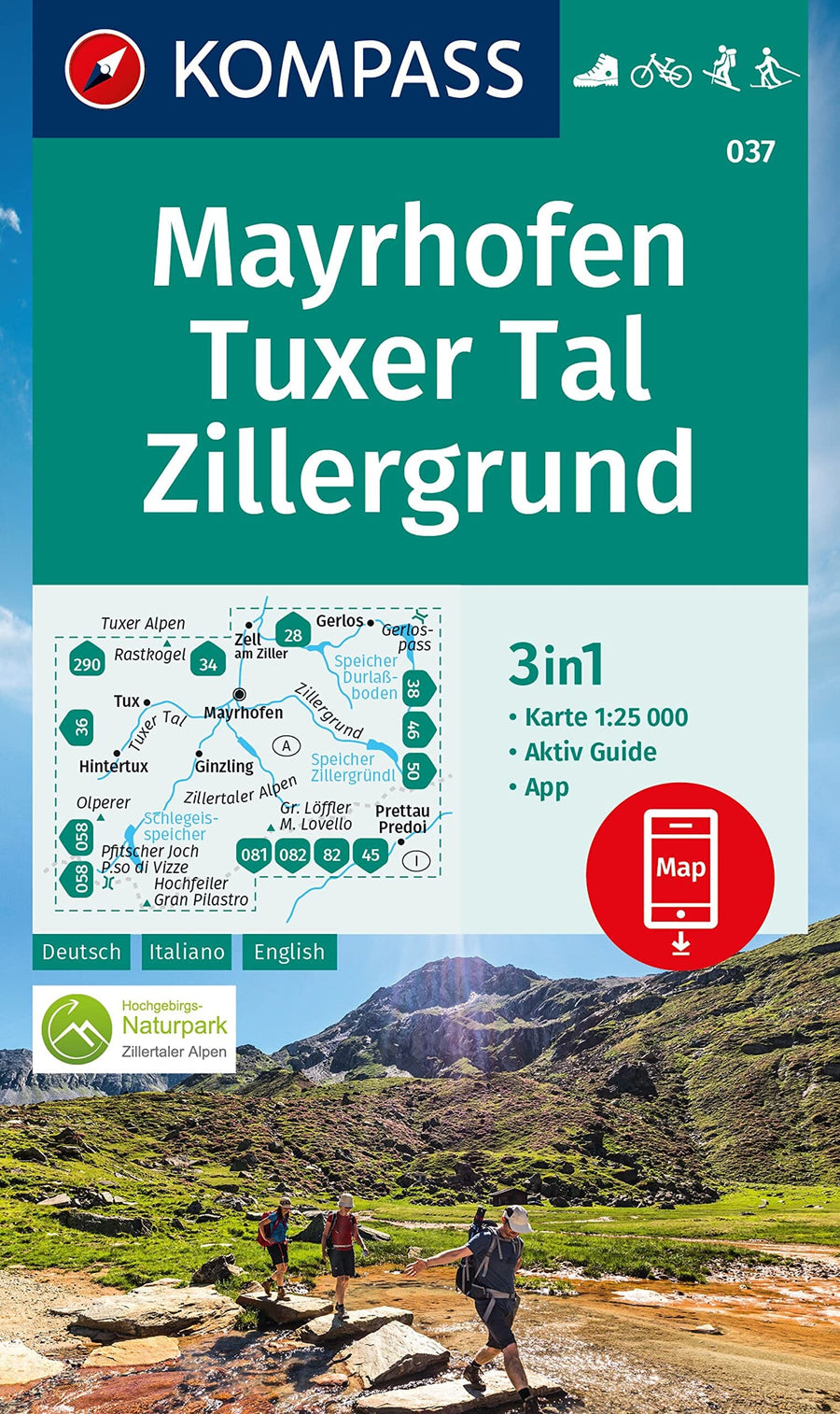 Carte de randonnée n° 037 - Mayerhofen, Tuxer, Tal-Zillergrund (Tyrol, Autriche) | Kompass carte pliée Kompass 