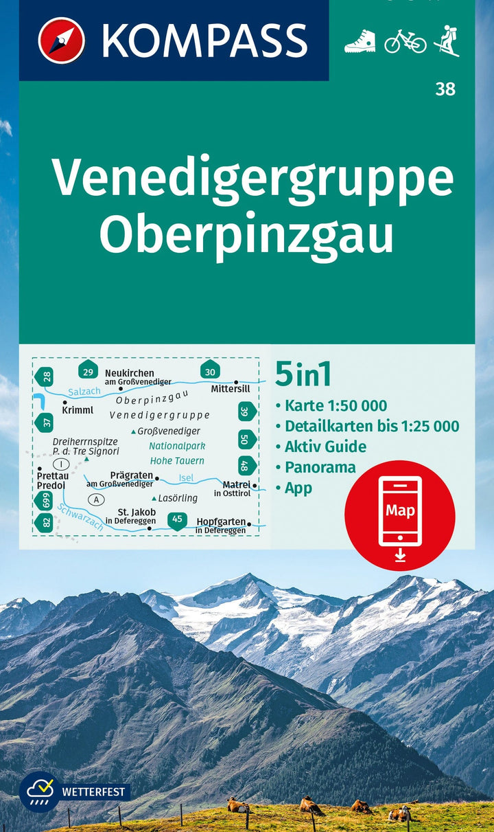 Carte de randonnée n° 038 - Venedigergruppe, Oberpinzgau (Autriche) | Kompass carte pliée Kompass 