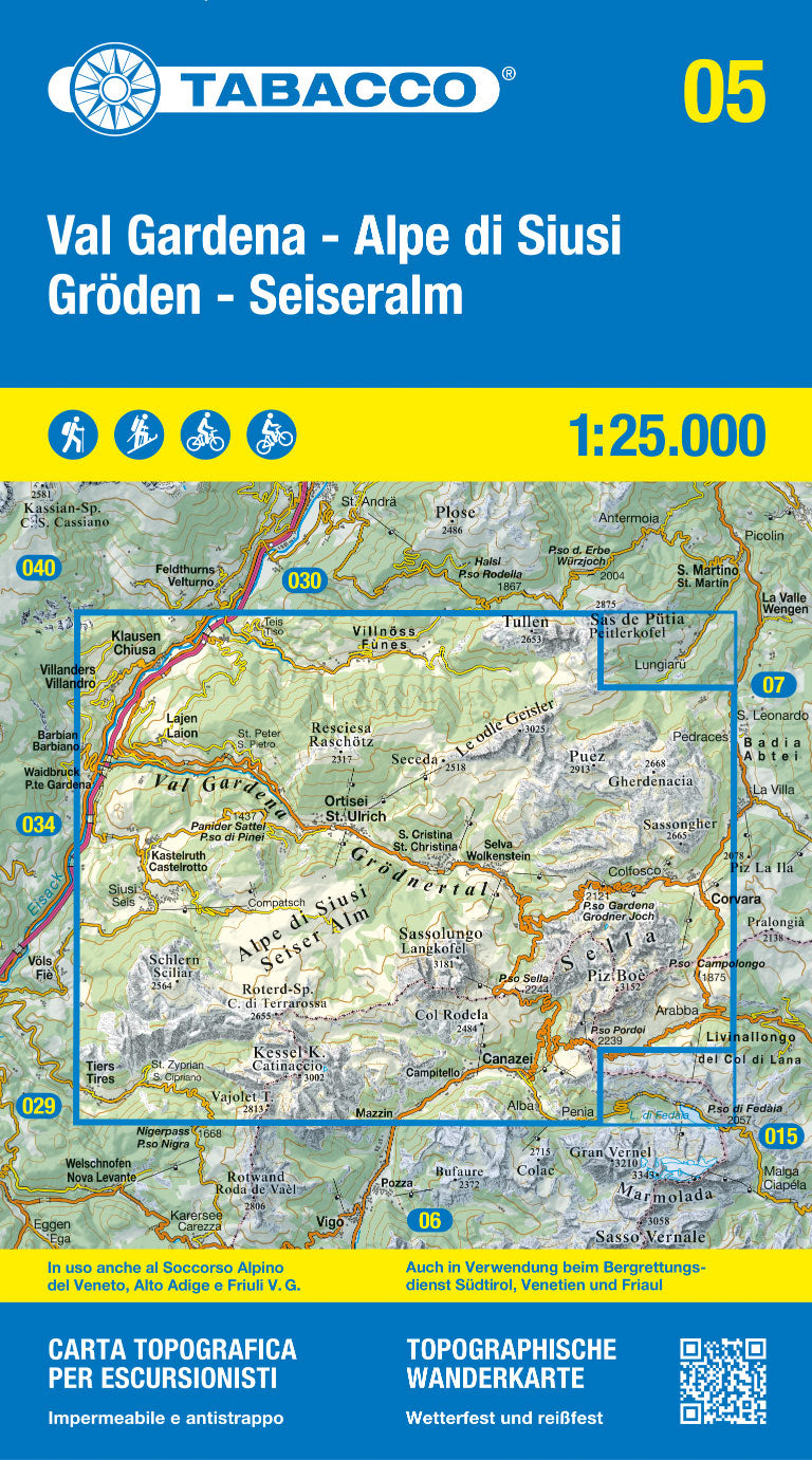 Carte de randonnée n° 05 - Val Gardena et Alpe di Siusi (Alpes, Italie) | Tabacco carte pliée Tabacco 