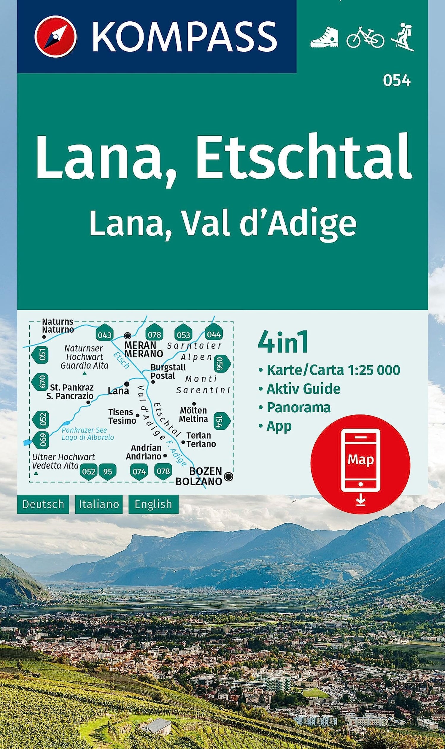 Carte de randonnée n° 054 - Lana, Etschtal, Lana, Val d'Adige (Trentin, Italie) | Kompass carte de randonnée Kompass