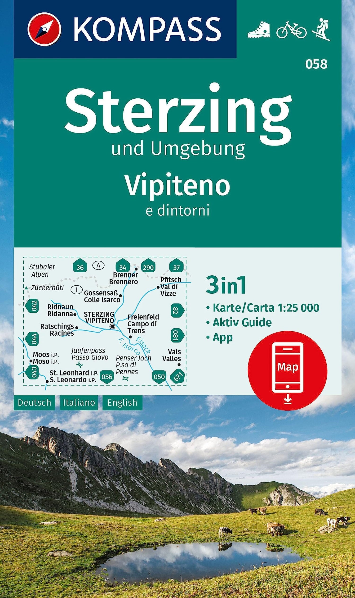 Carte de randonnée n° 058 - Sterzing und Umgebung / Vipiteno e dintorni (Sud Tyrol) | Kompass carte de randonnée Kompass