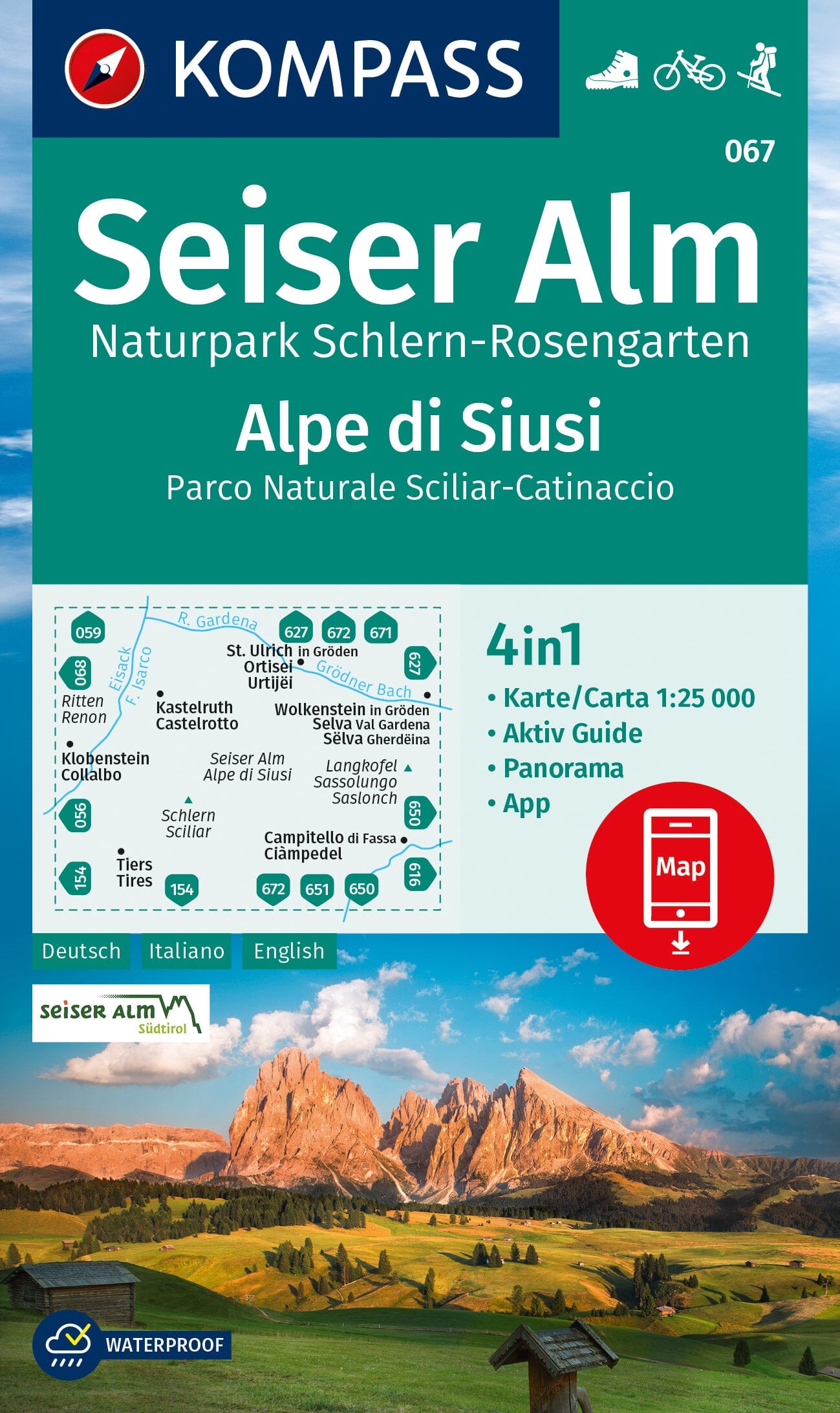 Carte de randonnée n° 067 - Seiser Alm, Alpe di Siusi + Aktiv Guid (Sud Tyrol) | Kompass carte de randonnée Kompass