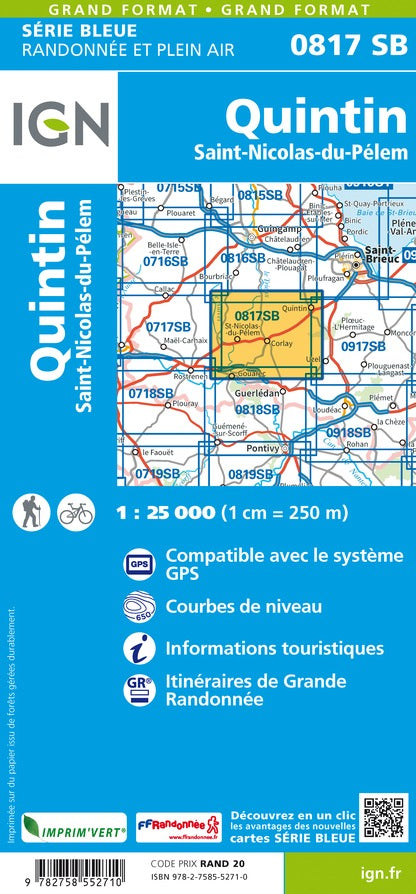 Carte de randonnée n° 0817 - Quintin, St-Nicolas-du-Pelem | IGN - Série Bleue carte pliée IGN 