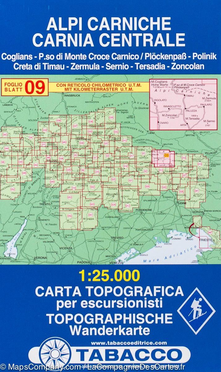 Carte de randonnée n° 9 d&rsquo;Alpi Carniche (Alpes Carniques, Italie) | Tabacco - La Compagnie des Cartes
