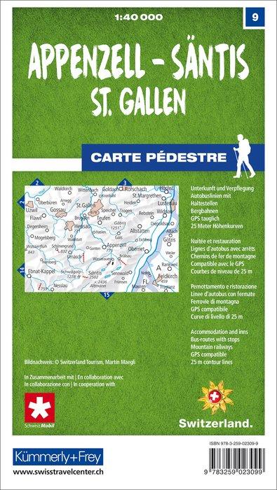 Carte de randonnée n° 09 - Appenzell, Säntis, St. Gallen (Suisse) | Kümmerly & Frey-1/40 000 carte de randonnée Kümmerly & Frey