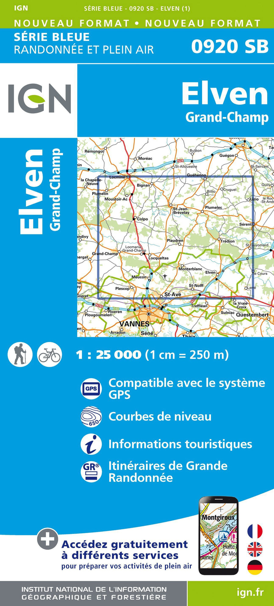 Carte de randonnée n° 0920 - Elven, Grand-Champ | IGN - Série Bleue carte pliée IGN 