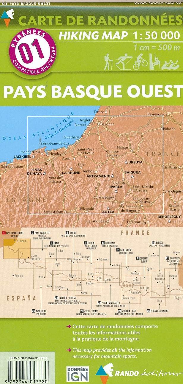 Carte de randonnée n° 1 - Pays Basque Ouest (Labourd, Basse-Navarre) | Rando Editions carte de randonnée Rando Editions