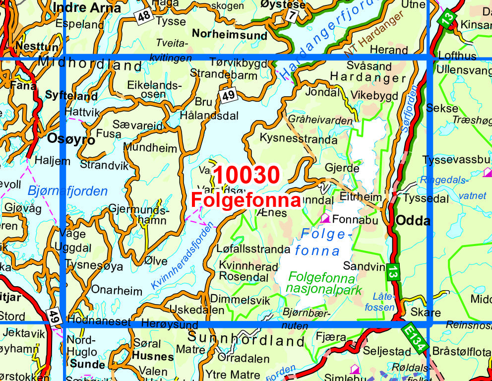 Carte de randonnée n° 10030 - Folgefonna (Norvège) | Nordeca - Norge-serien carte de randonnée Nordeca Default Title
