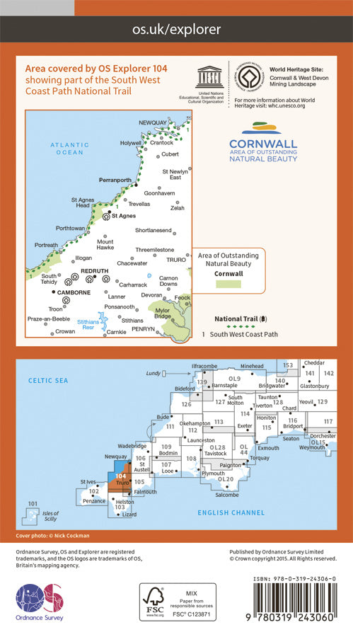 Carte de randonnée n° 104 - Redruth, St Agnes (Grande Bretagne) | Ordnance Survey - Explorer carte pliée Ordnance Survey Papier 