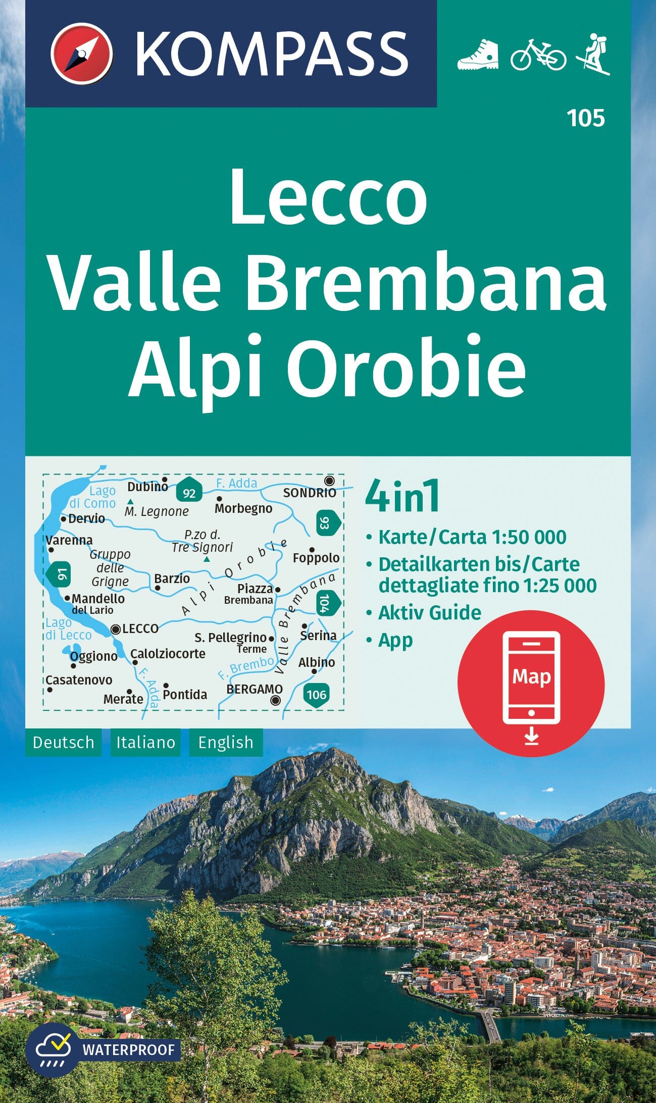 Carte de randonnée n° 105 - Lecco, Valle Brembana (Italie) | Kompass carte de randonnée Kompass
