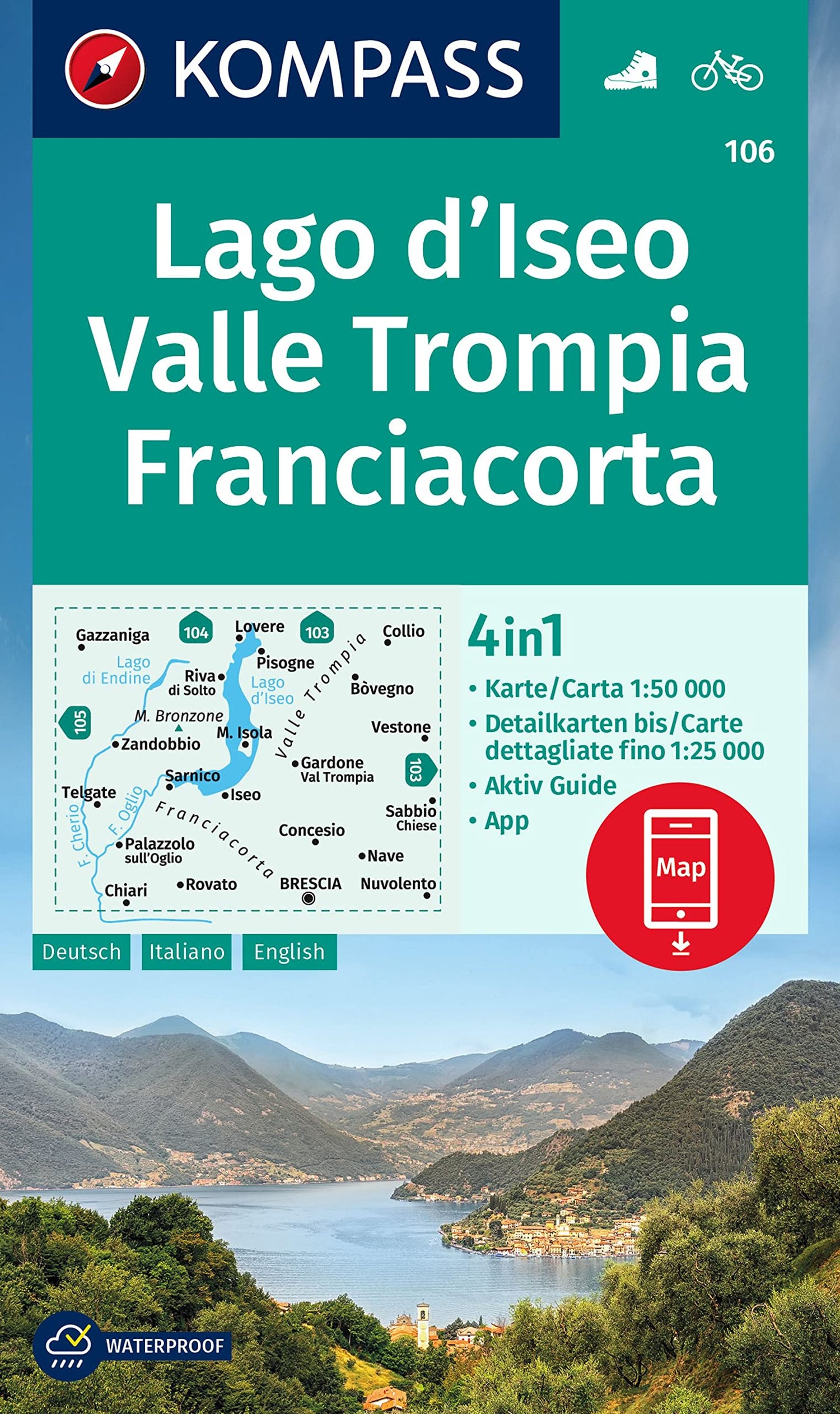 Carte de randonnée n° 106 - Lac d'Iseo, Val Trompia & Franciacorta (Italie) | Kompass carte de randonnée Kompass