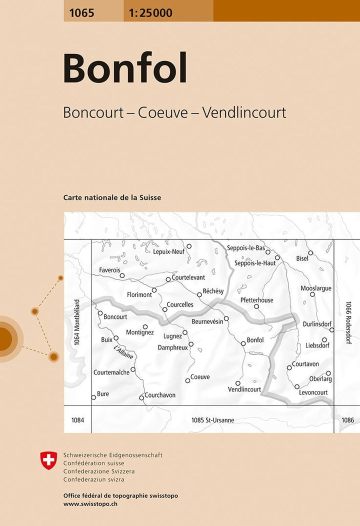 Carte de randonnée n° 1065 - Bonfol (Suisse) | Swisstopo - 1/25 000 carte pliée Swisstopo 