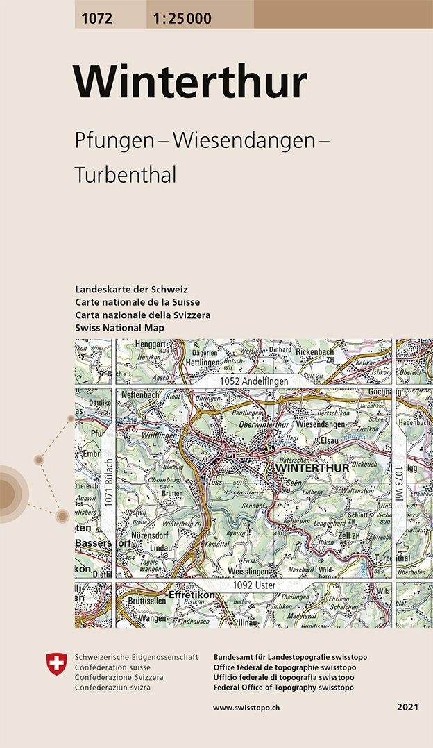 Carte topographique n° 1072 - Winterthur (Suisse) | Swisstopo - 1/25 000 carte de randonnée Swisstopo