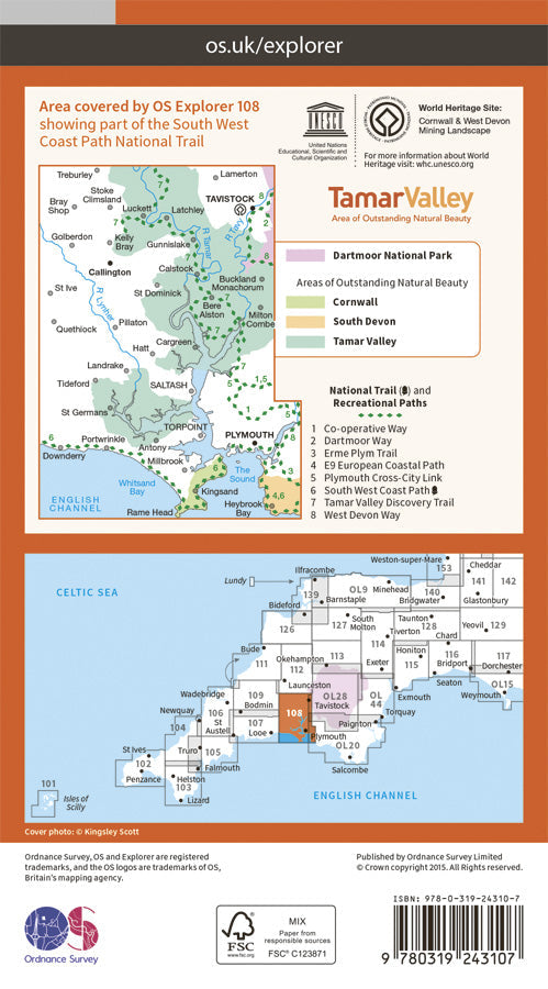 Carte de randonnée n° 108 - Lower Tamar Valley, Plymouth (Grande Bretagne) | Ordnance Survey - Explorer carte de randonnée Ordnance Survey