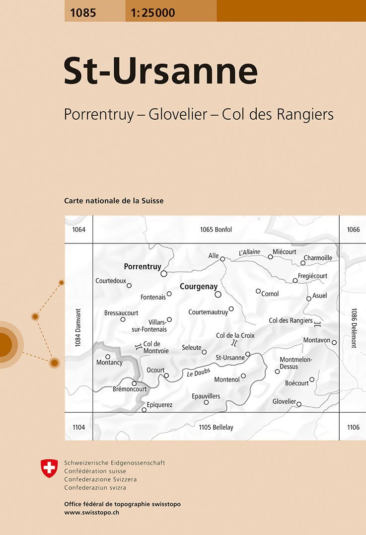 Carte de randonnée n° 1085 - St-Ursanne (Suisse) | Swisstopo - 1/25 000 carte pliée Swisstopo 